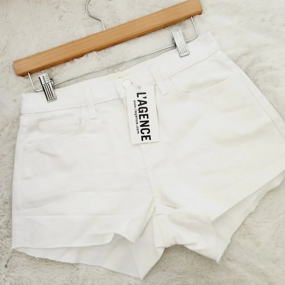 NWT L'AGENCE Ryland White High Rise Frayed Hem Denim Shorts Women's 2 - Picture 1 of 13